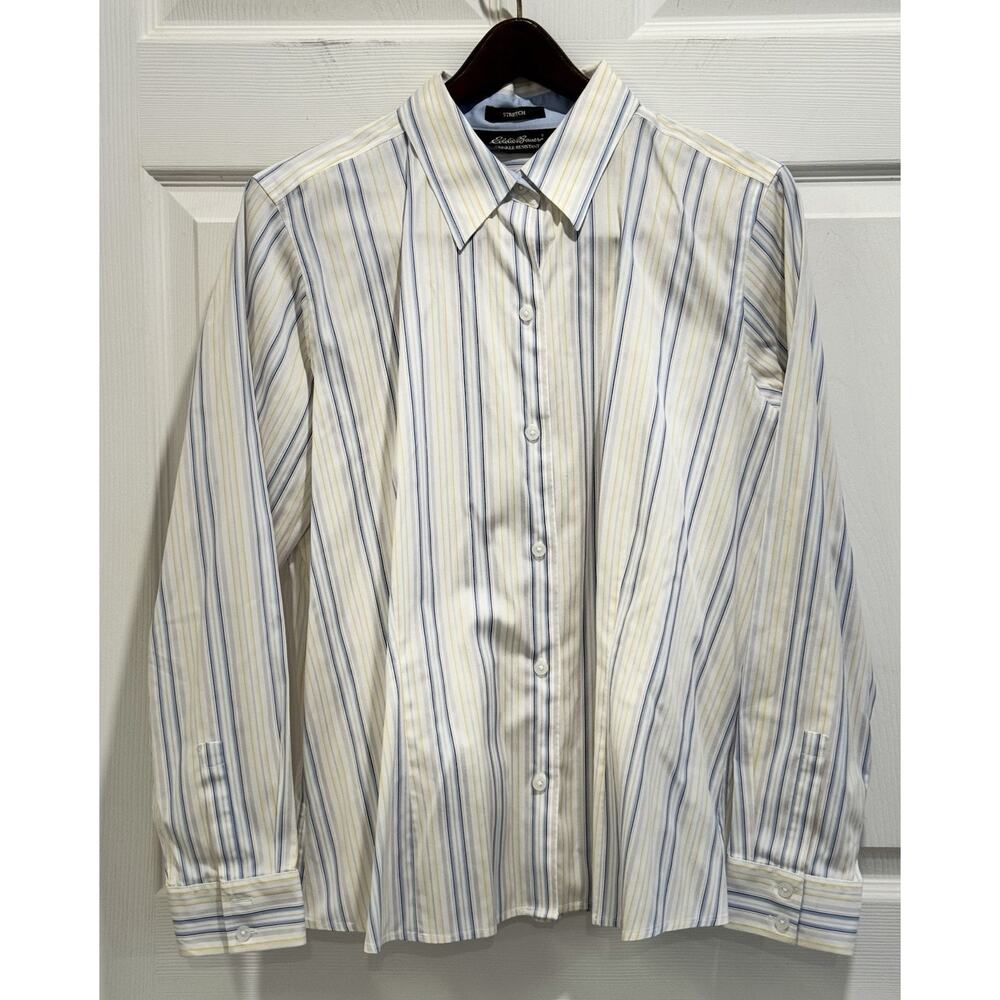 Eddie Bauer White Blue Striped Stretch Wrinkle Resistant Long-Sleeve Shirt Sz XL